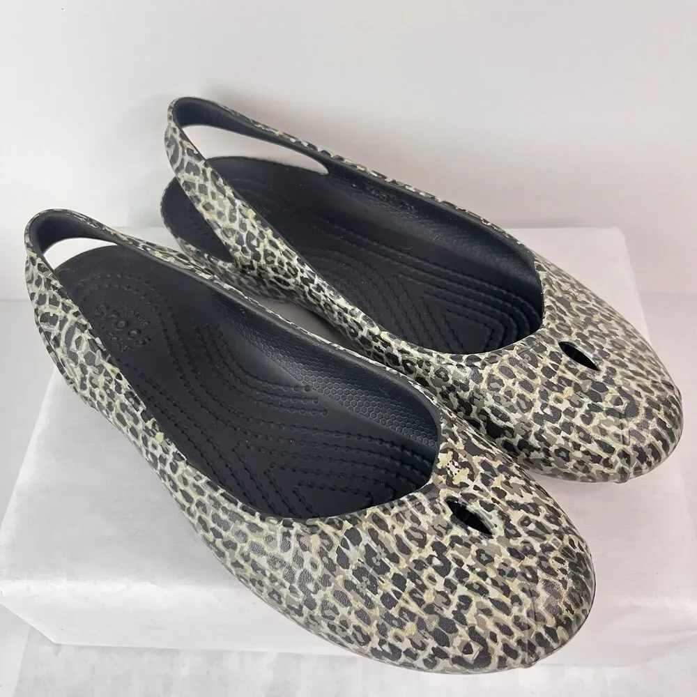 Crocs Women Leopard Print Slip On Flats Coastal Grandma Shoes Size W5 Black Gray